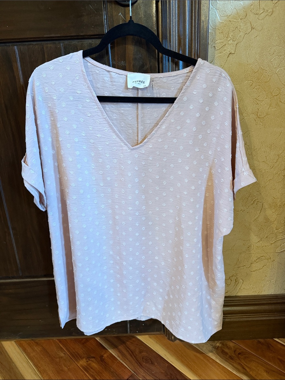 Andree Pale Pink V-Neck Dot Embroidered Short Sleeve Tunic